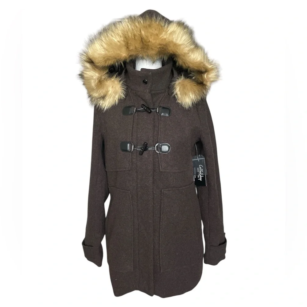 CoffeeShop Brown Pea Coat with Faux Fur Hood - Picture 1 of 11